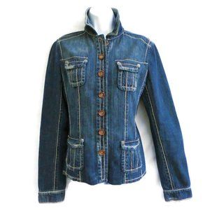 Elie Tahari Denim Jacket Big Stitch Floral Paisley Lining Decorative Buttons